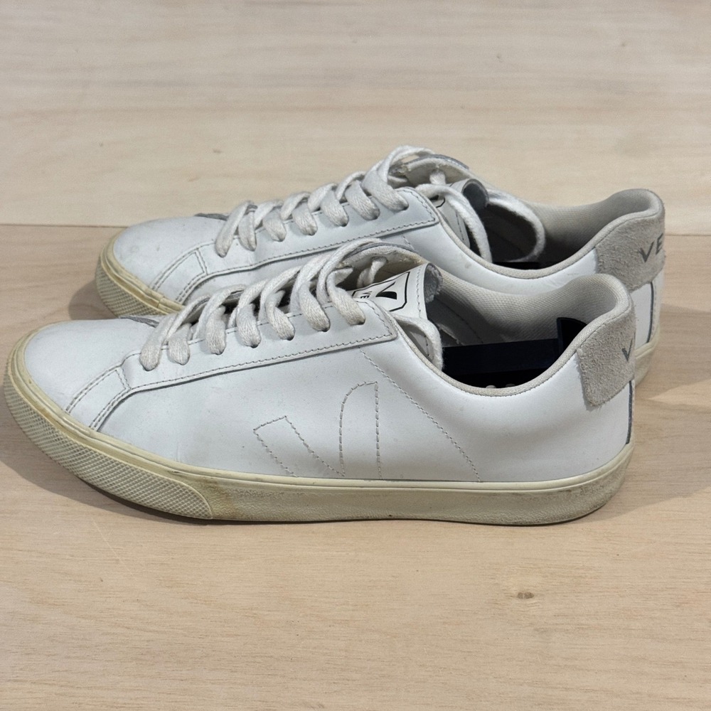 Veja Low Esplar Leather Casual Sneakers Women Size 7 (38 EUR) White Gray Lace Up